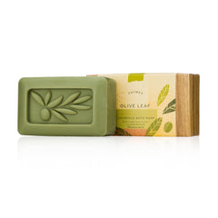 Thymes Olive Leaf bath soap close-up reveals creamy lather for daily skincare.