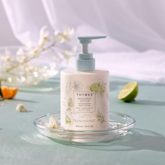 Thymes Bergamot Nectar 16 oz label highlighting generous hydration