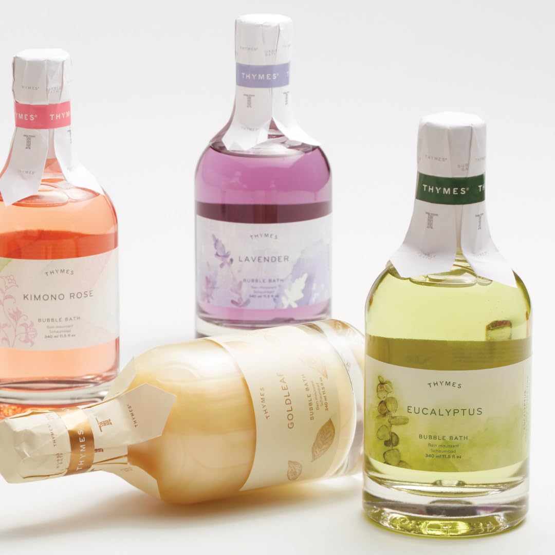 Thymes Lavender Bubble Bath bottle cap close-up showing the product design.