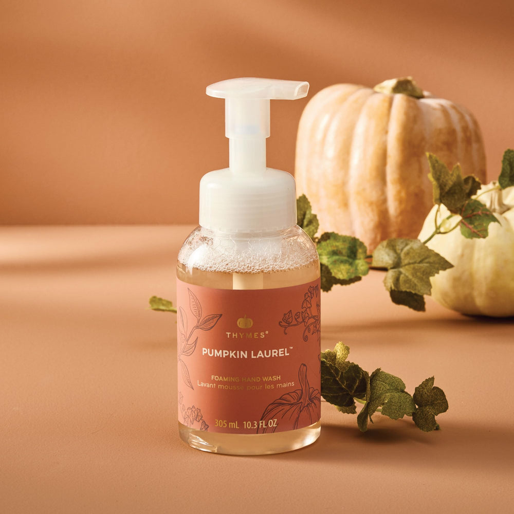 Thymes fall scent featuring nutmeg, cinnamon, clove, and pumpkin laurel to warm your space.