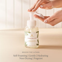 Thymes Foaming Hand Wash aloe-glycerin label closeup emphasizes moisturizing ingredients.