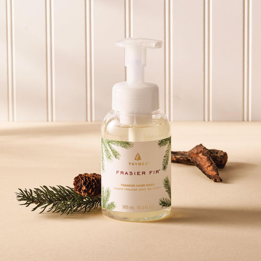 Thymes Foaming Hand Wash Frasier Fir closeup conveys fresh pine-scented notes.