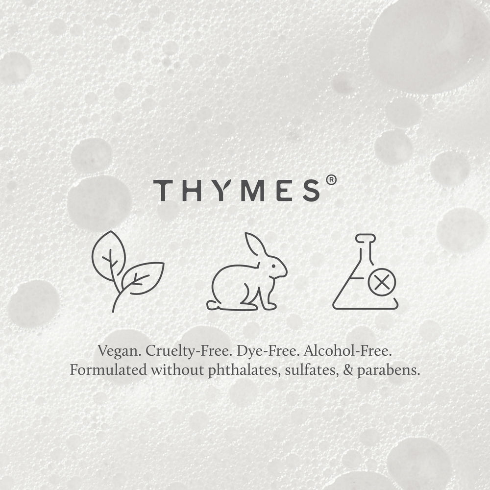 Thymes Foaming Hand Wash in kitchen or bathroom scene with pump in use.