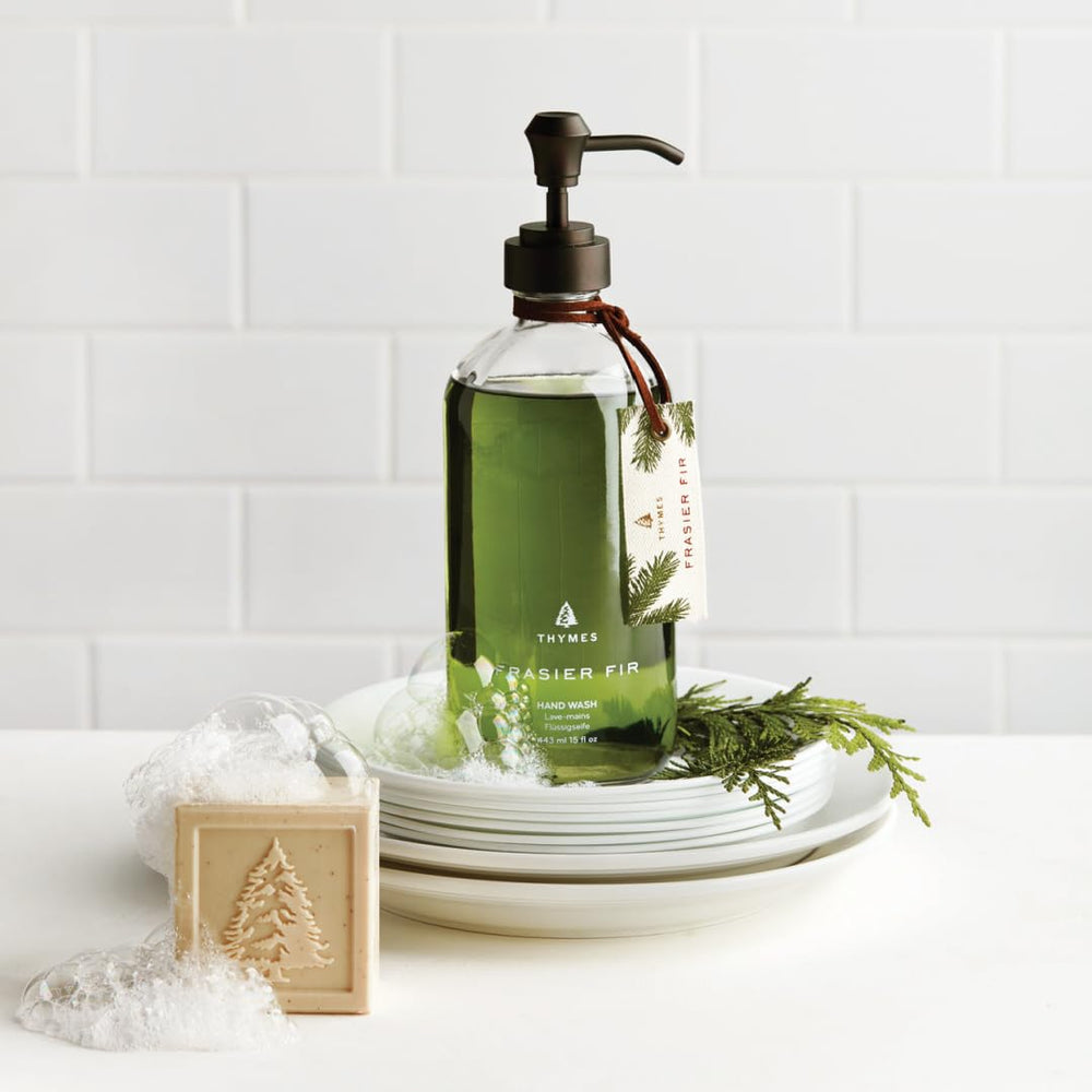 Thymes Frasier Fir hand wash label detail highlights sustainable packaging design.