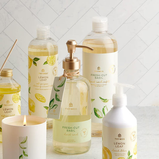 Close-up of Thymes Fresh-Cut Basil label on hand wash refill bottle.