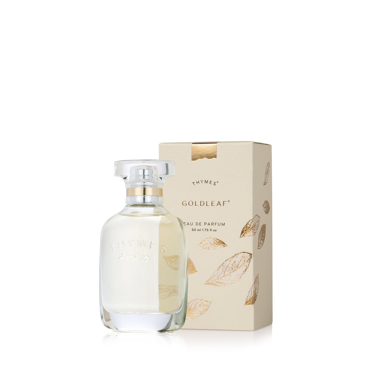 Thymes Goldleaf Eau de Parfum bottle close-up highlighting luxurious floral notes for daily elegance.