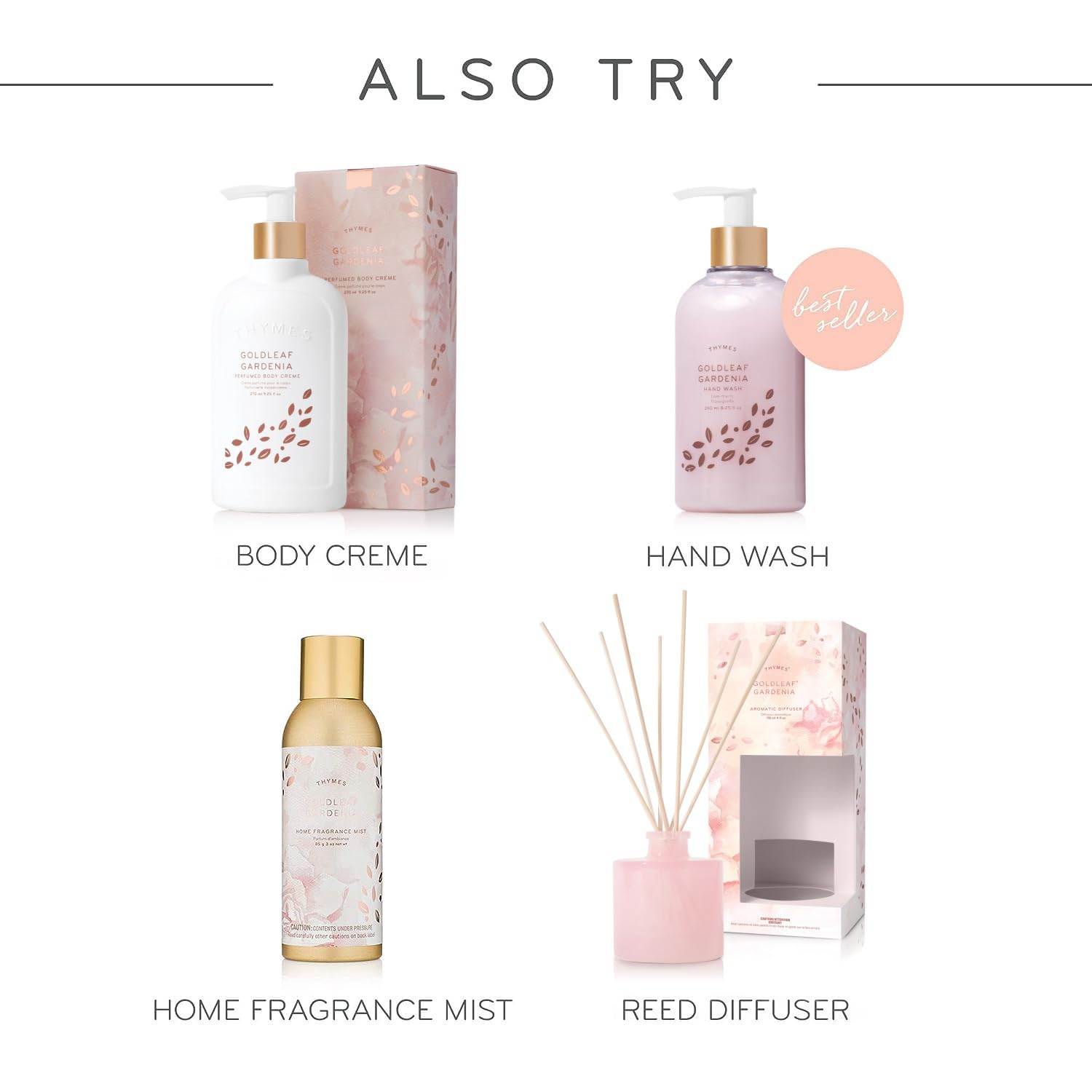 Thymes Goldleaf Gardenia packaging on shelf suggests premium skincare ritual.