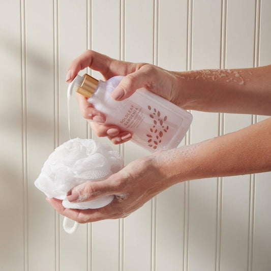 Thymes Goldleaf Gardenia pump demonstrates convenient dispensing and luxurious lather.
