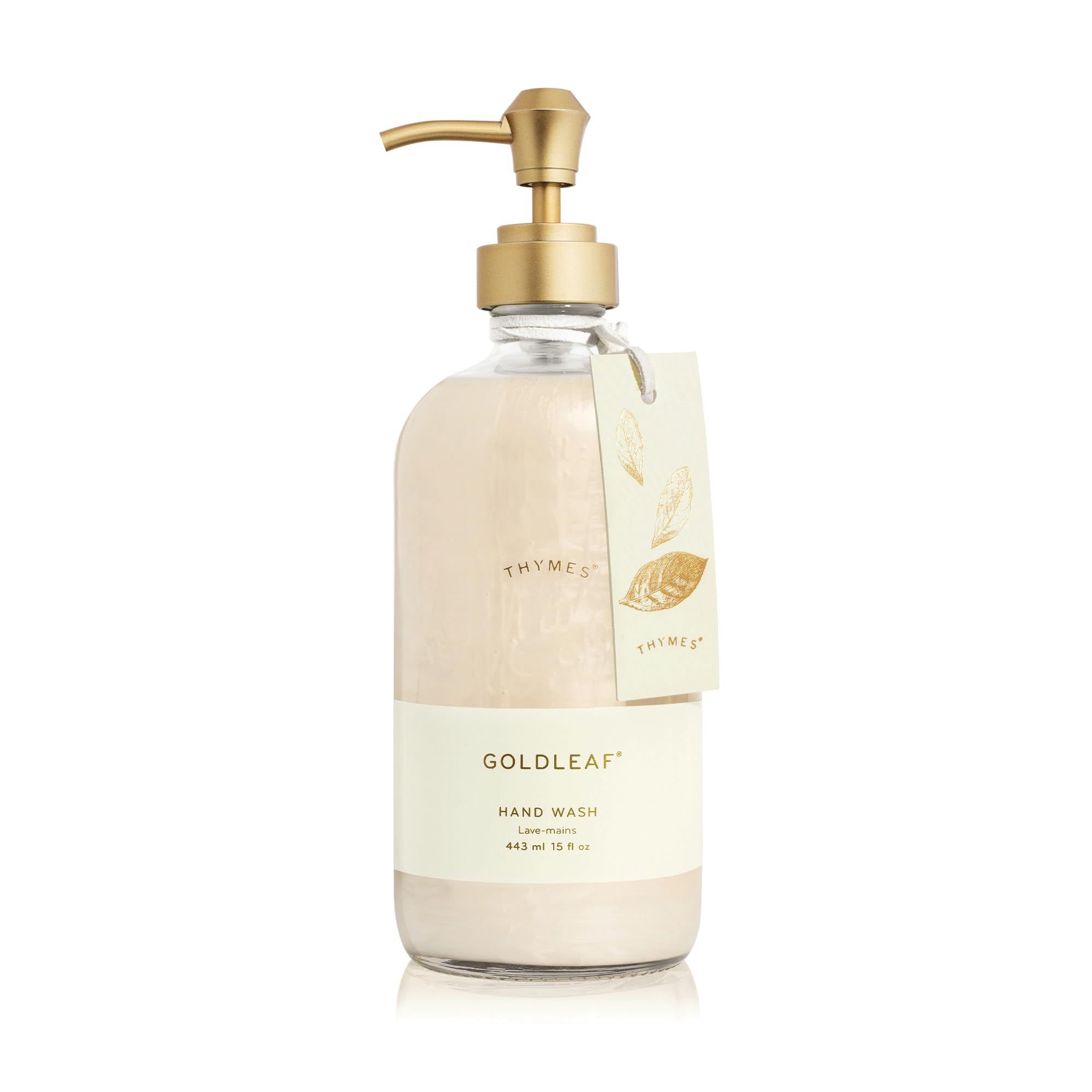 Thymes Goldleaf hand wash bottle on sink, adding a luxurious, nourishing cleanse to daily routines.