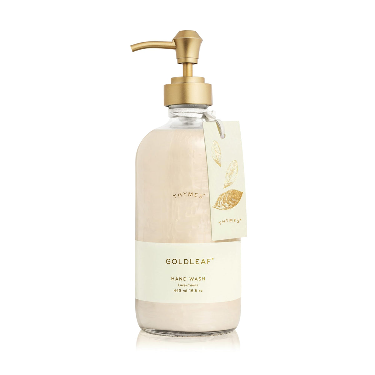 Thymes Goldleaf hand wash bottle on sink, adding a luxurious, nourishing cleanse to daily routines.
