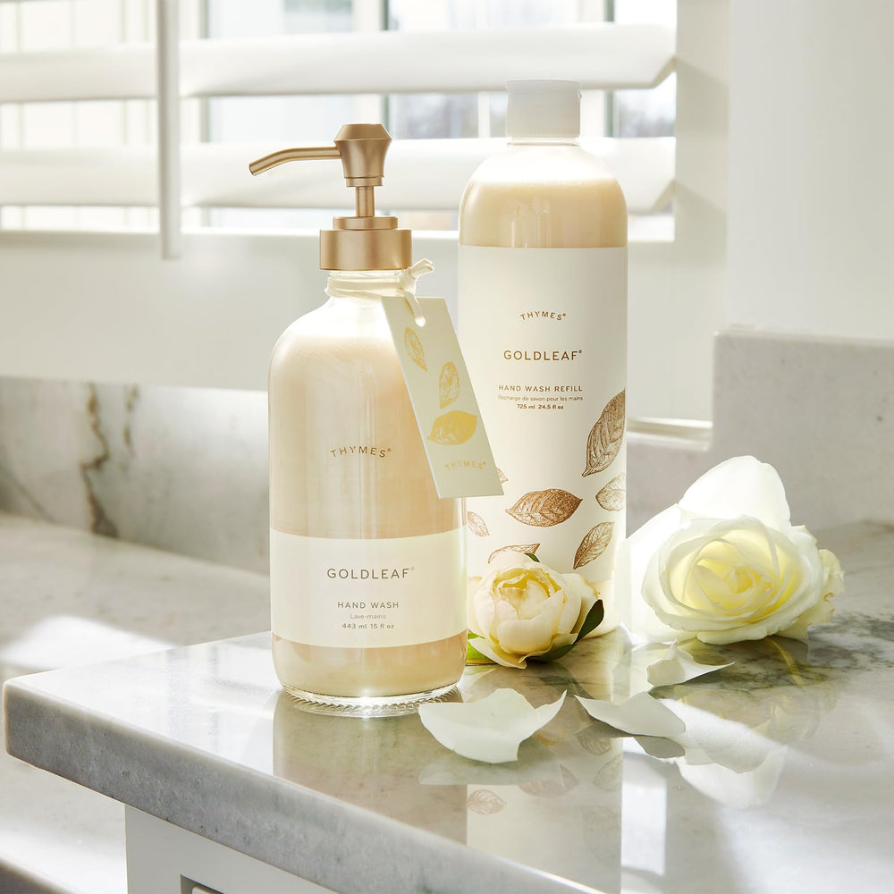 Goldleaf label close-up emphasizes floral notes and premium packaging for a spa-like bathroom.