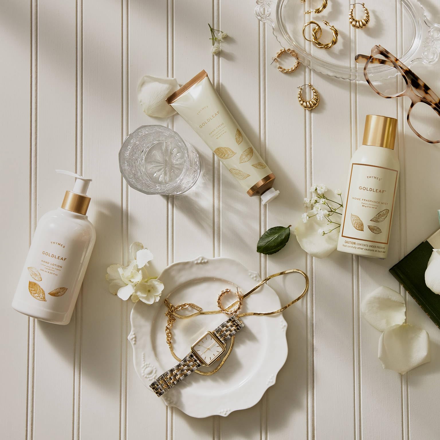 Thymes packaging box displayed with Goldleaf bottle, signaling gift-ready luxury and quality.