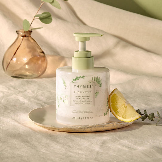 Thymes hand lotion with eucalyptus fragrance for a fresh spa-like scent