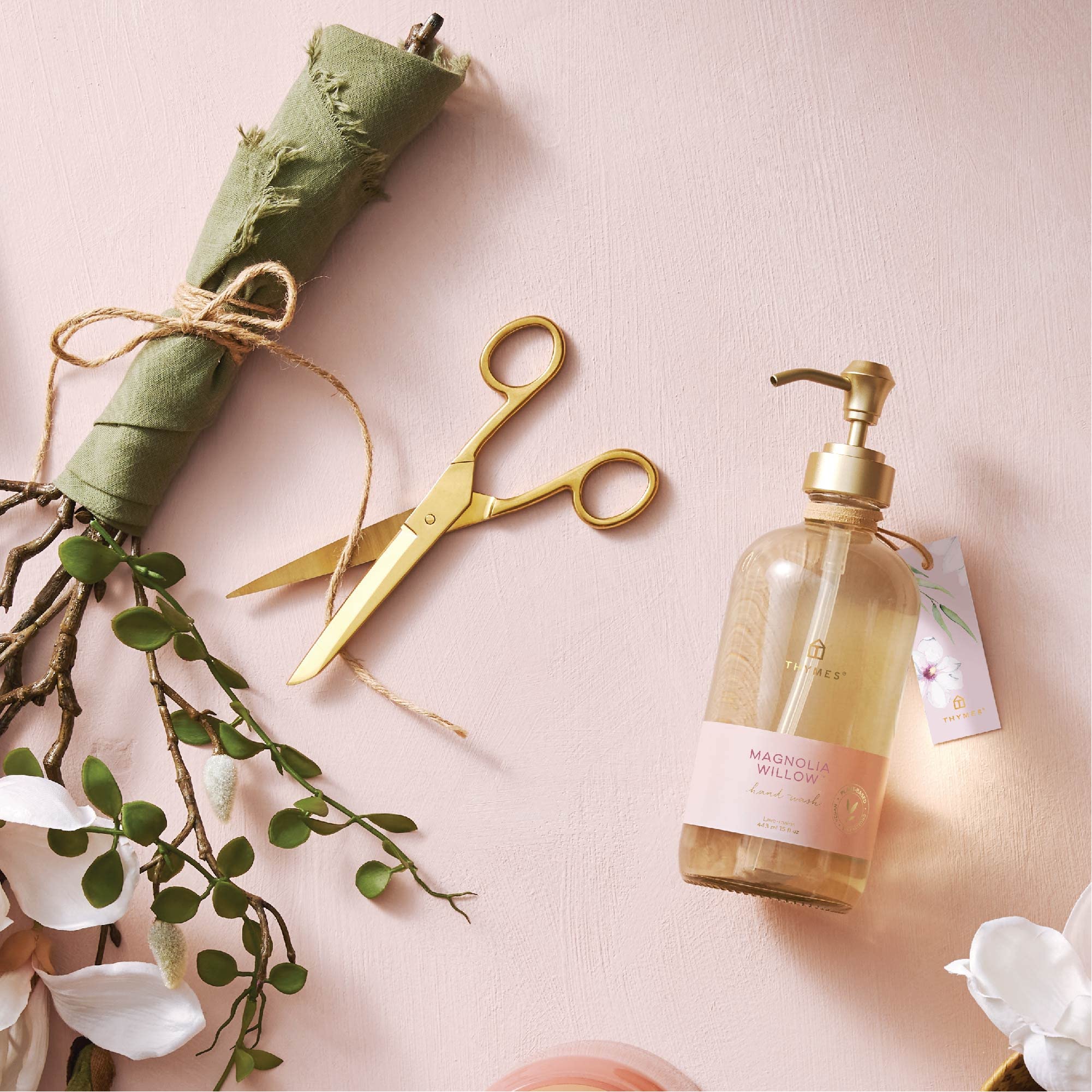Thymes Magnolia Willow fragrance closeup highlights floral notes.