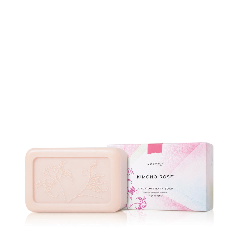 Thymes Kimono Rose bath soap front view highlighting premium packaging and moisturizing formula.