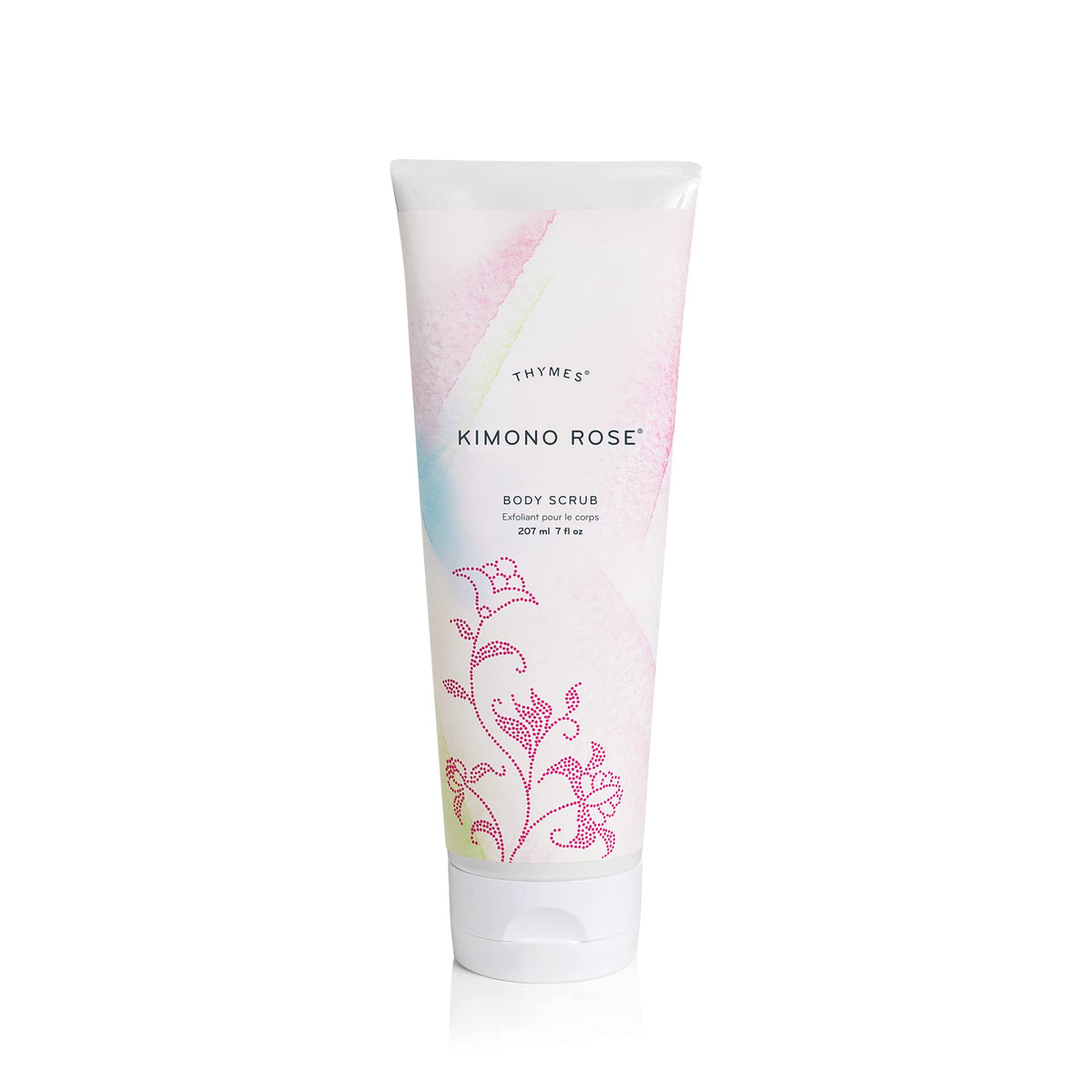 Thymes Kimono Rose Body Scrub bottle for hydrated, smoother skin.