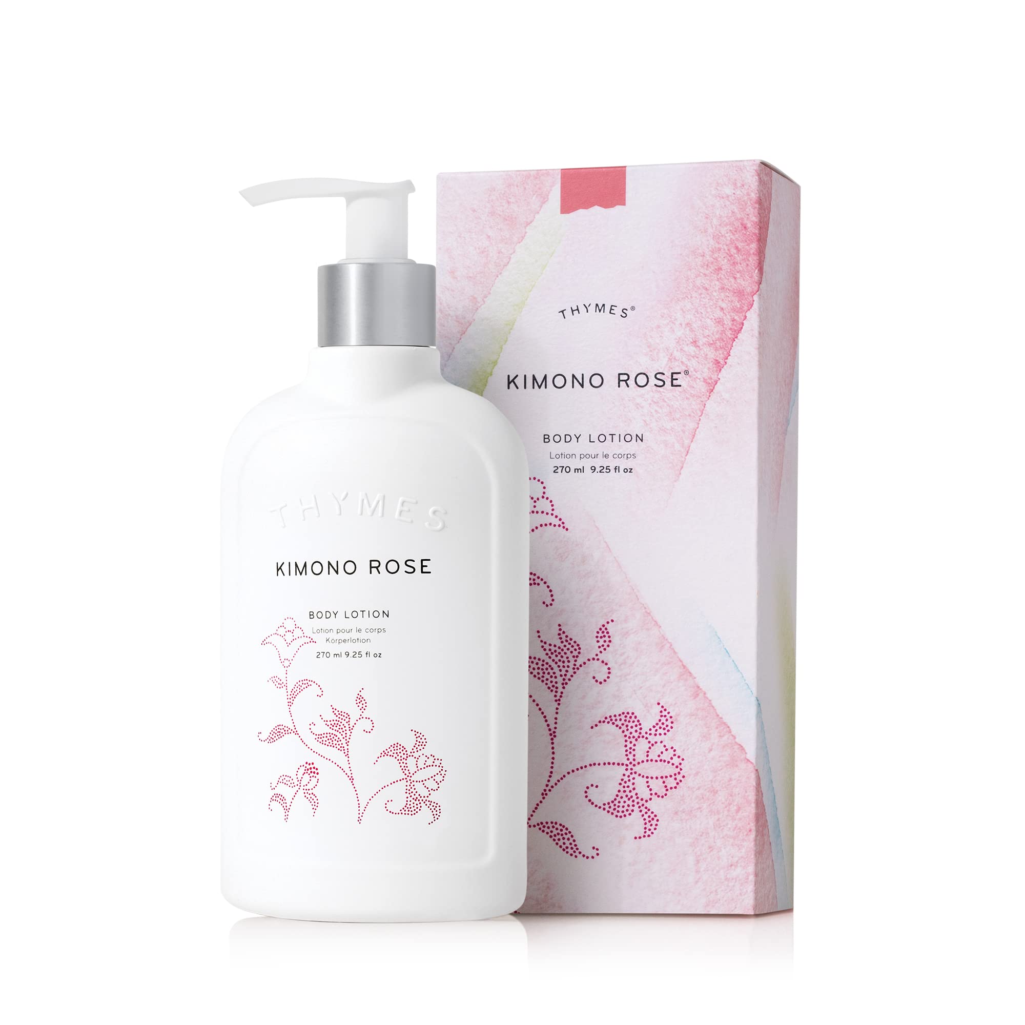 Thymes Kimono Rose bottle front offering hydrating moisture for skin.