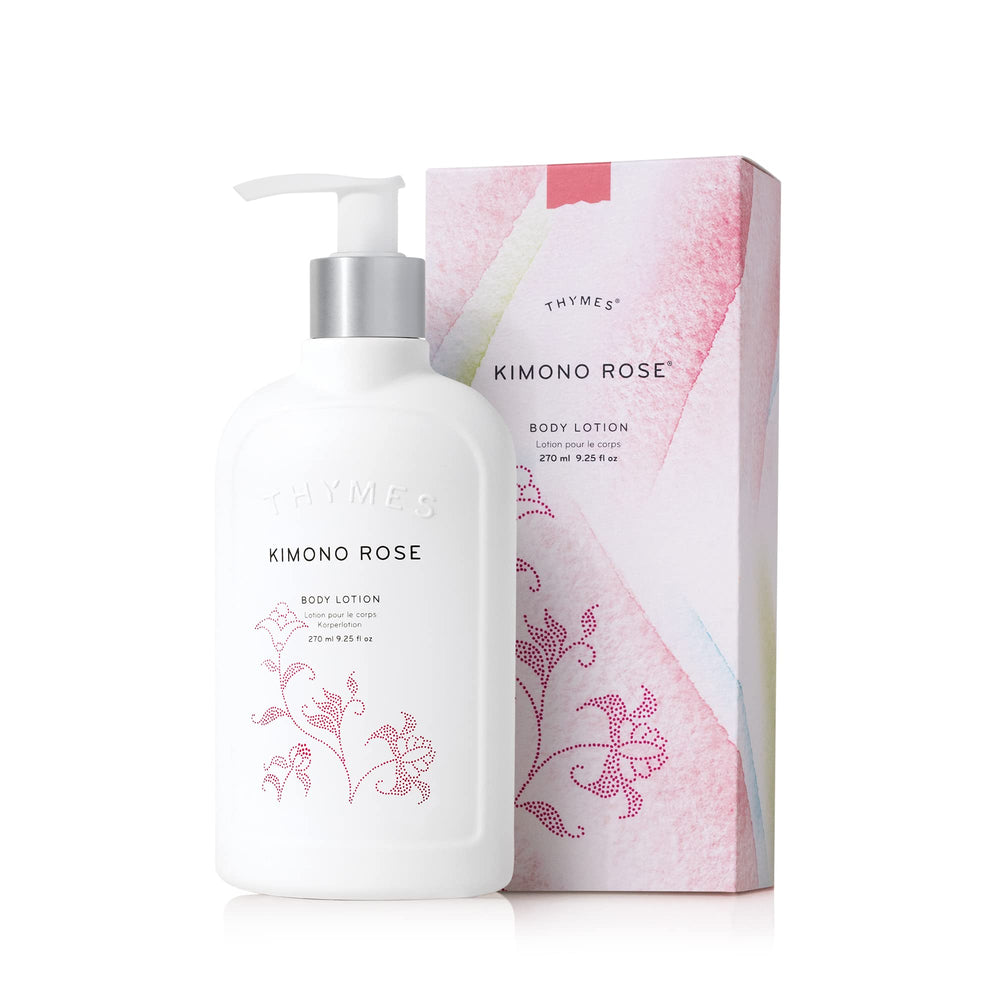 Thymes Kimono Rose bottle front offering hydrating moisture for skin.