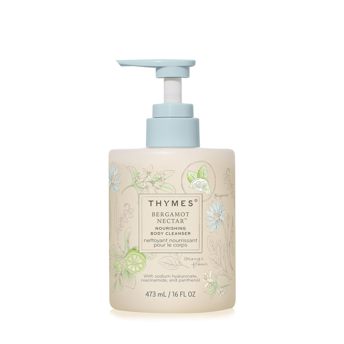 Thymes Nourishing Body Cleanser pump bottle for easy daily cleansing and hydration.