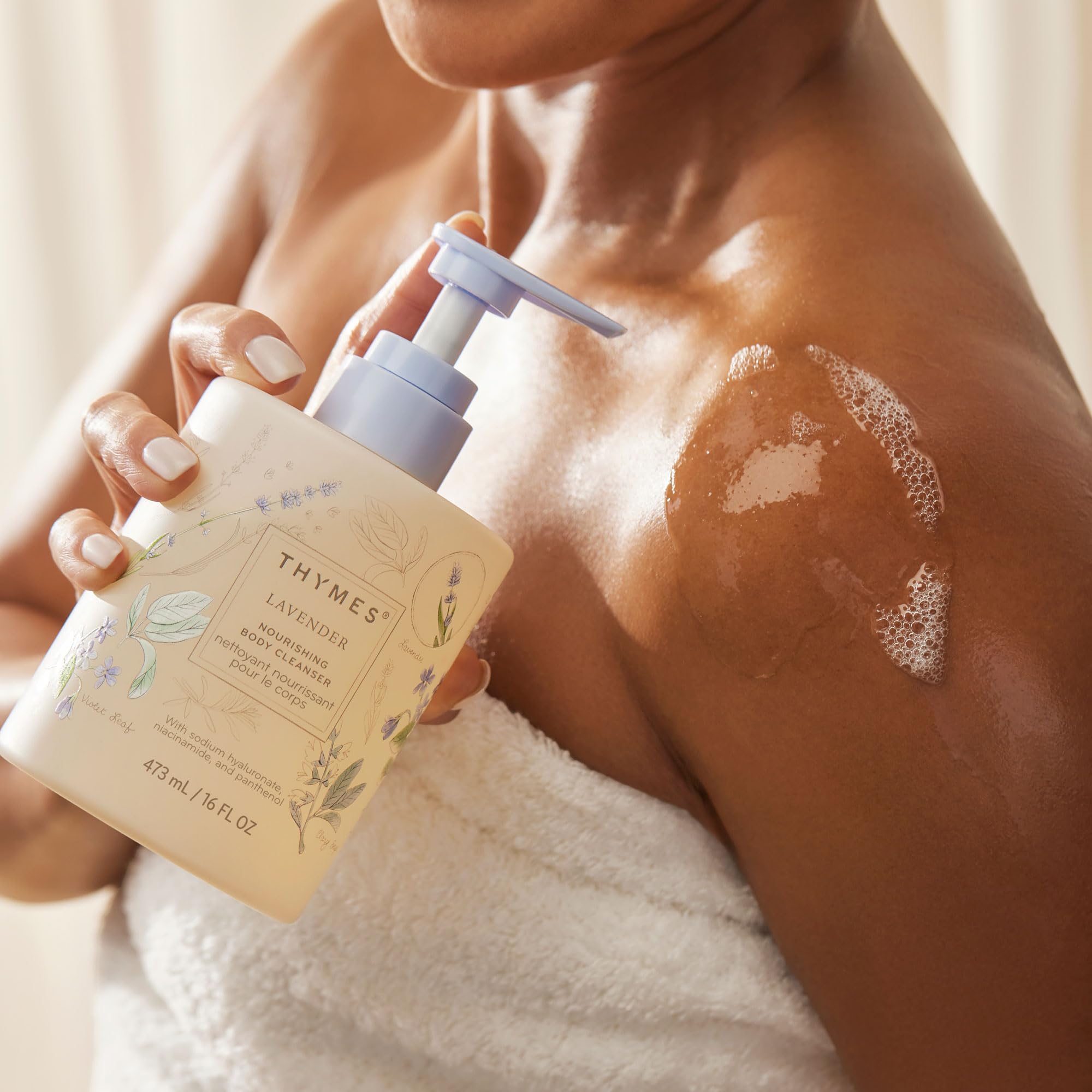 Thymes Nourishing Body Cleanser clary-sage note adds refreshing aroma