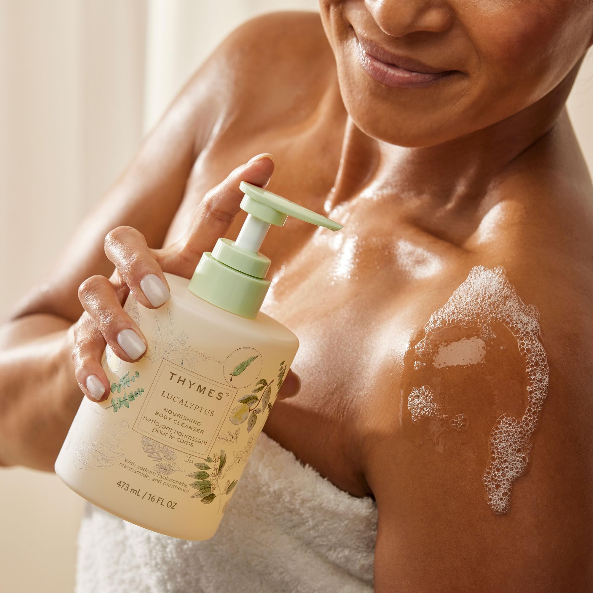 Thymes Nourishing Body Cleanser bottle highlighting niacinamide and hyaluronic ingredients.