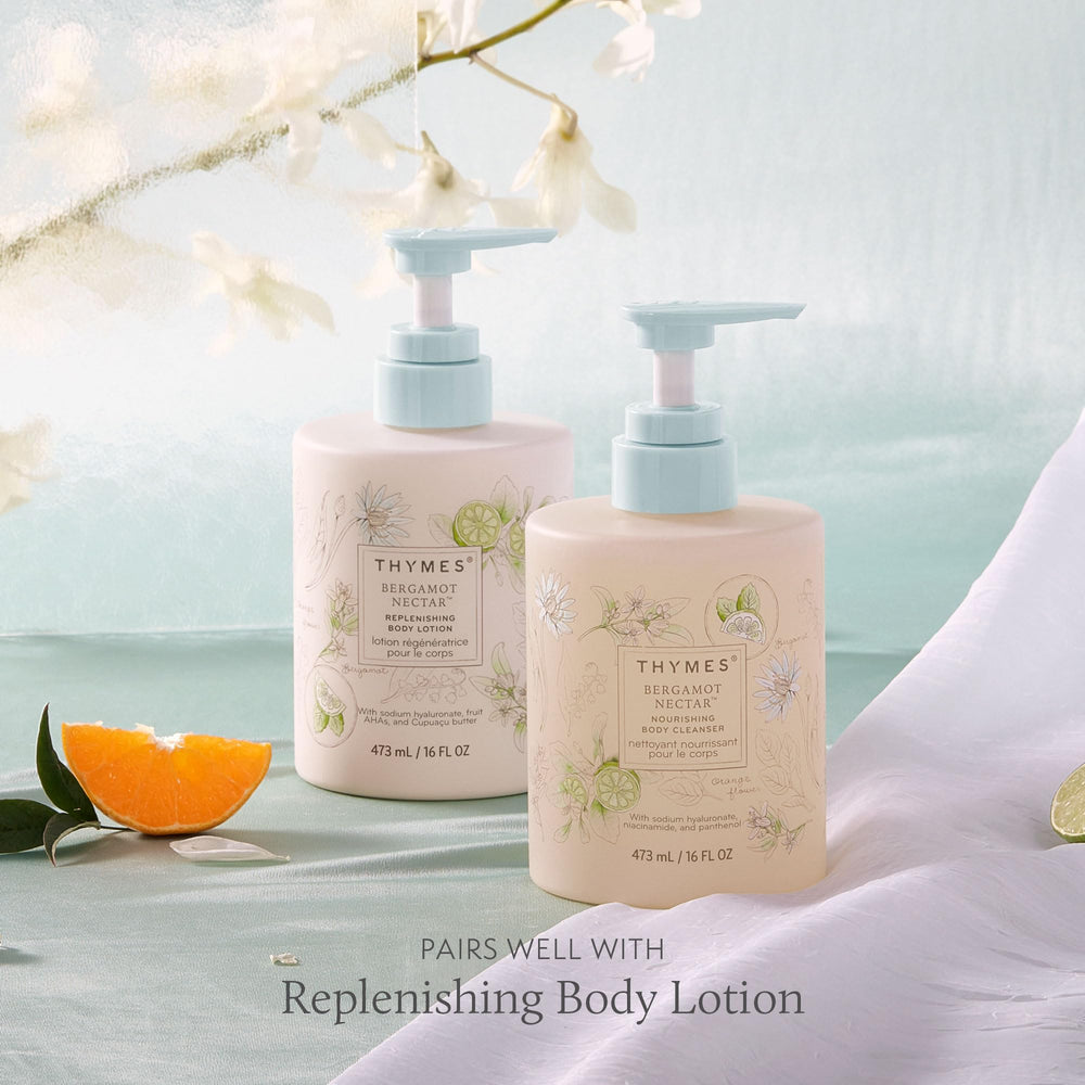 Thymes Nourishing Body Cleanser niacinamide and hyaluronate ingredients close-up.