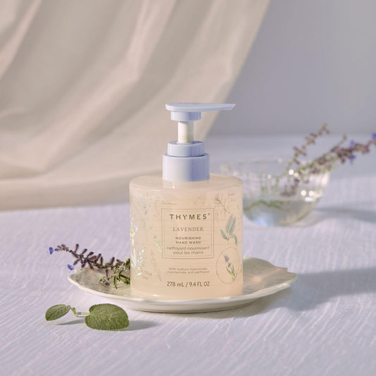 Close-up of product label with rosewood and clary sage notes on Thymes hand wash