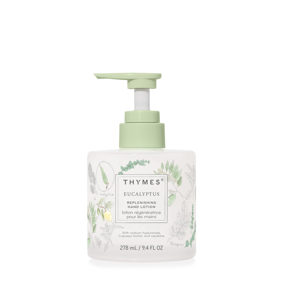 Thymes replenishing hand lotion bottle on shelf offering daily dryness relief