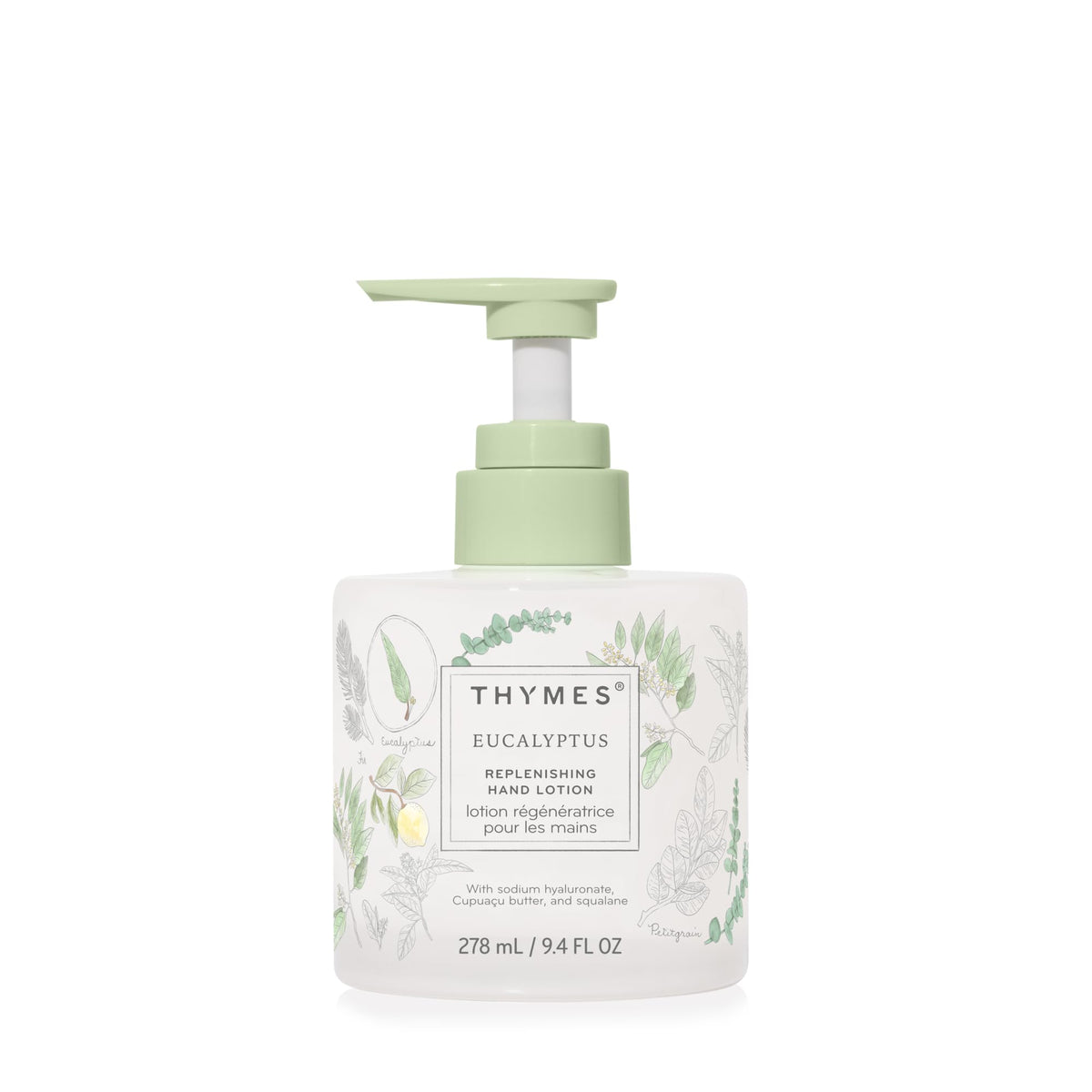 Thymes replenishing hand lotion bottle on shelf offering daily dryness relief
