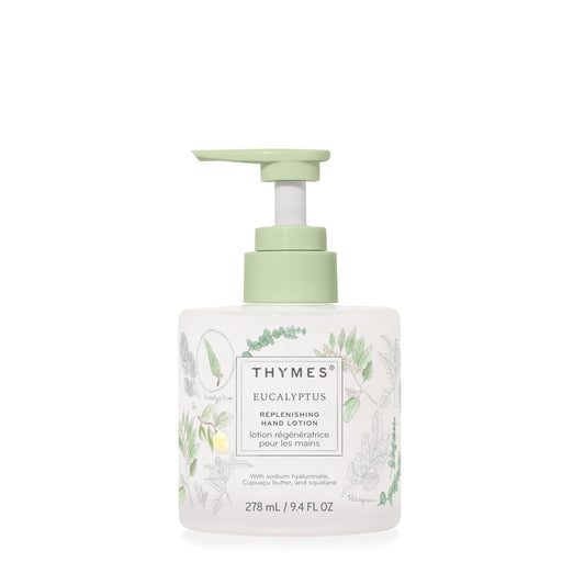 Thymes replenishing hand lotion bottle on shelf offering daily dryness relief