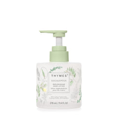 Thymes replenishing hand lotion bottle on shelf offering daily dryness relief