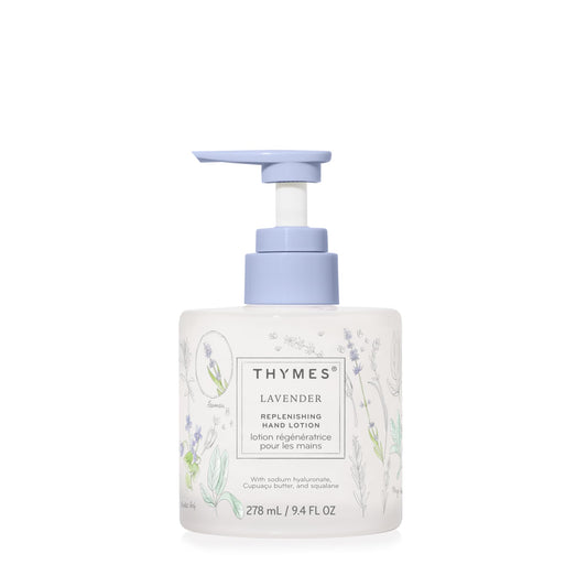 Thymes Replenishing Hand Lotion bottle with lavender scent for daily moisture and calm.