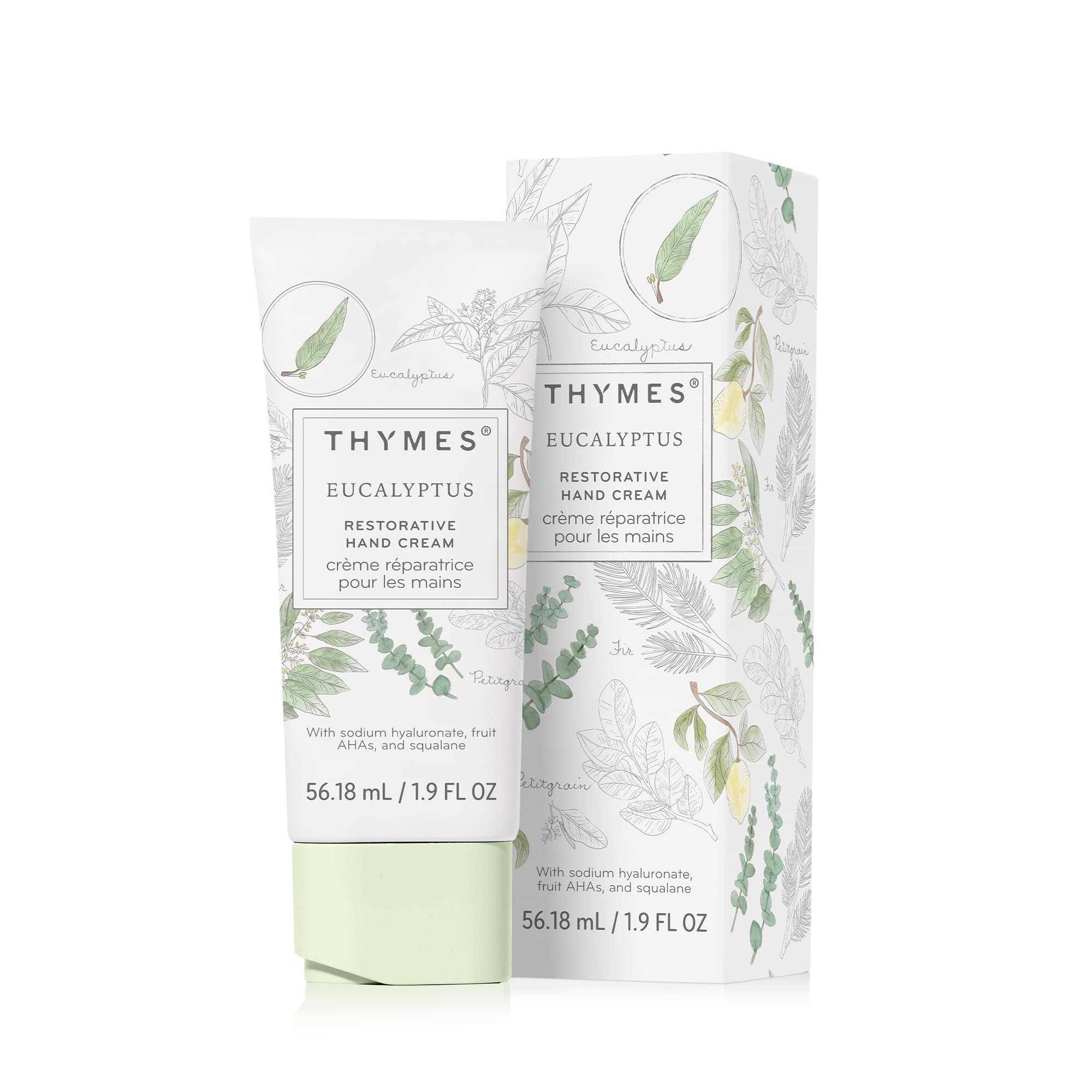 Thymes Restorative Hand Cream tube packaging highlights travel-friendly design for everyday carry