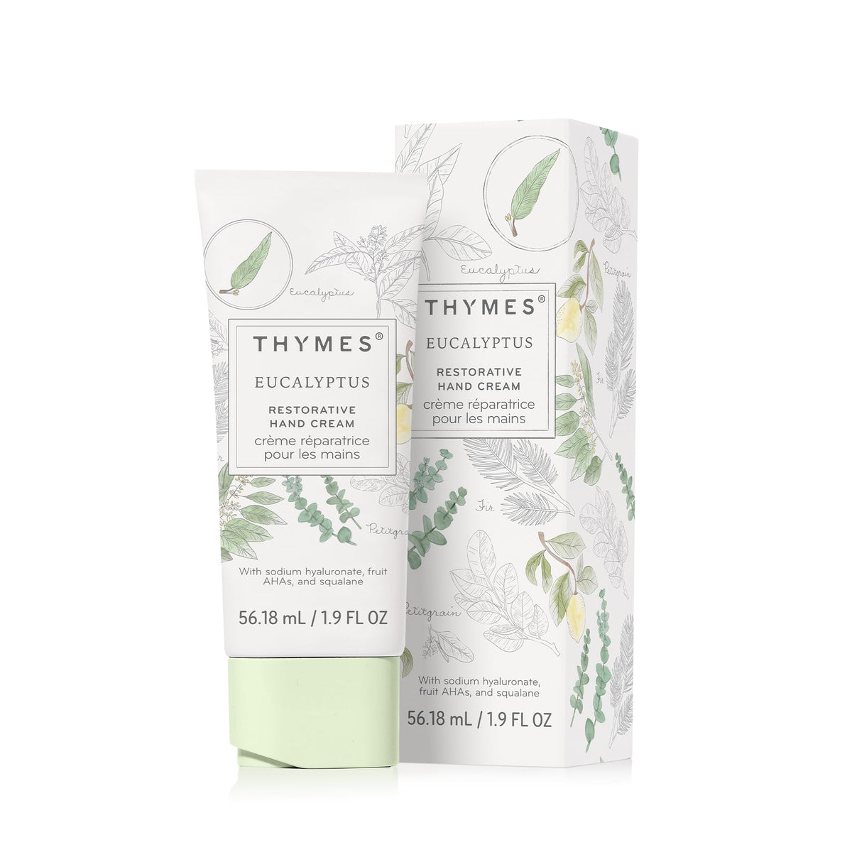 Thymes Restorative Hand Cream tube packaging highlights travel-friendly design for everyday carry