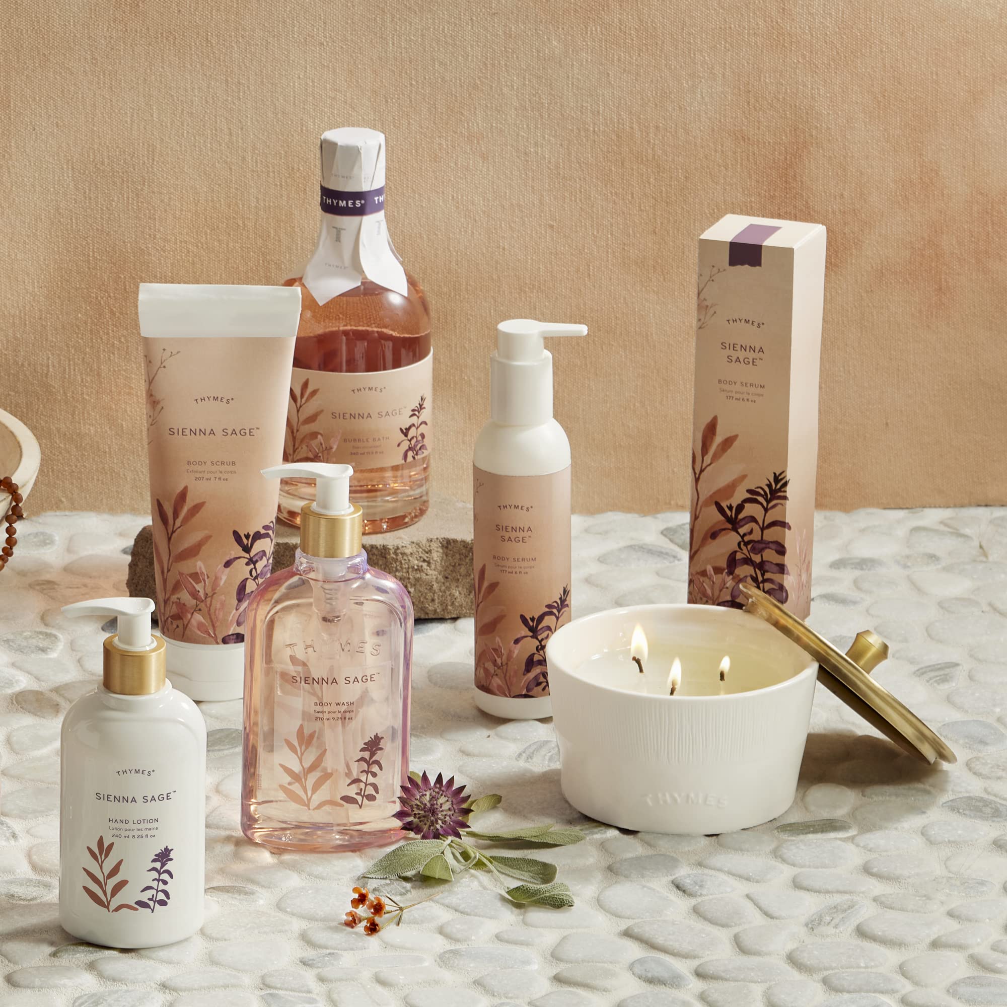 Fragrance notes of palo santo, amber, and clary sage from Thymes Sienna Sage.