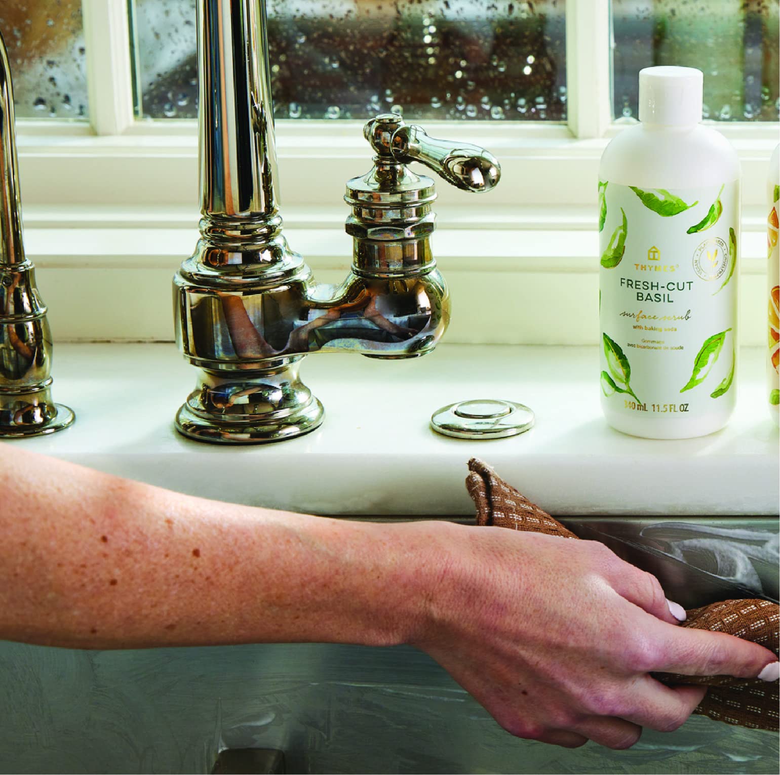 Thymes Soft Surface Scrub texture closeup shows gentle, effective cleaning action.