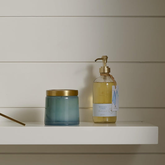 Thymes Washed Linen label closeup highlighting botanicals and premium packaging.