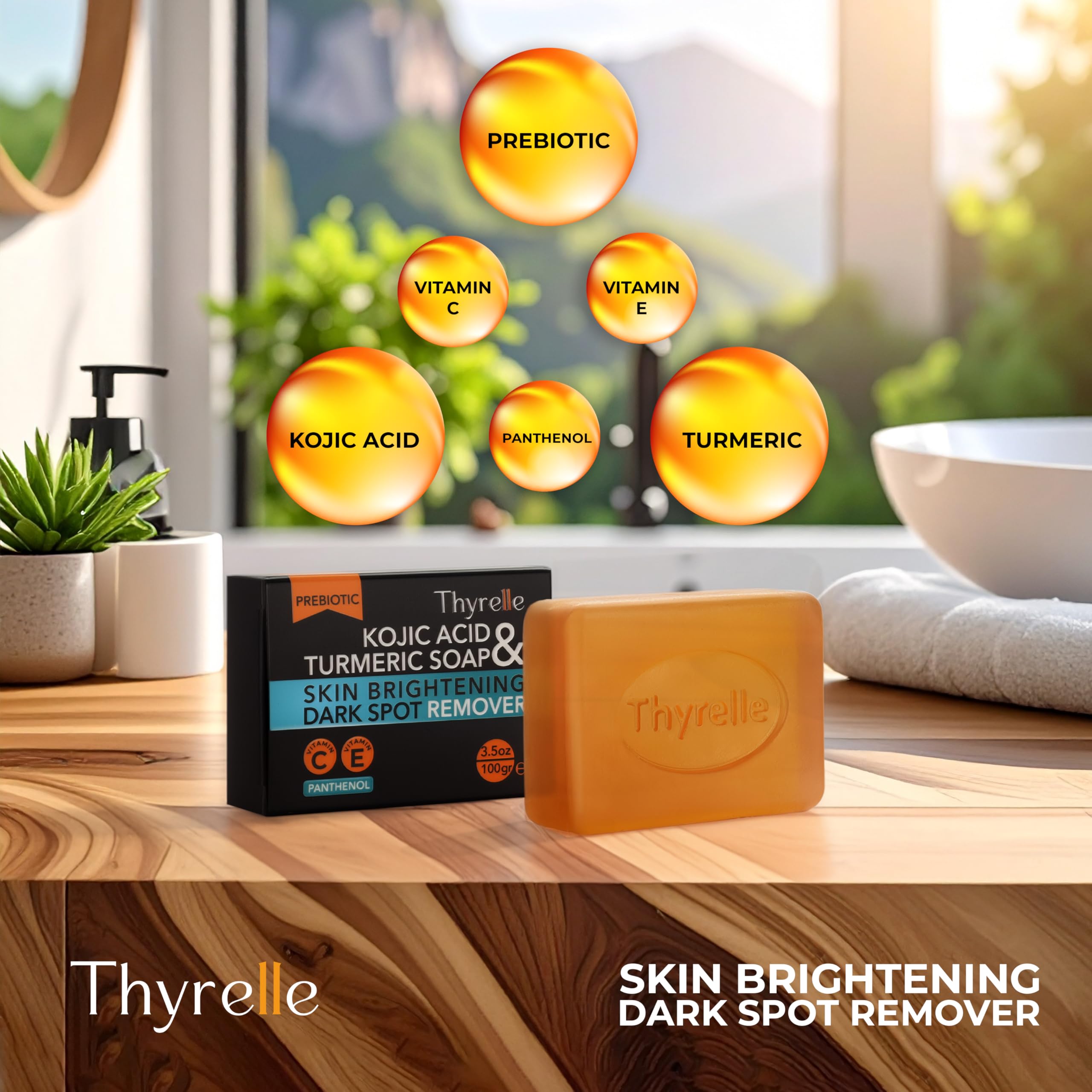 Thyrelle Kojic Acid and Turmeric Soap bar closeup reveals creamy texture for smooth skin.