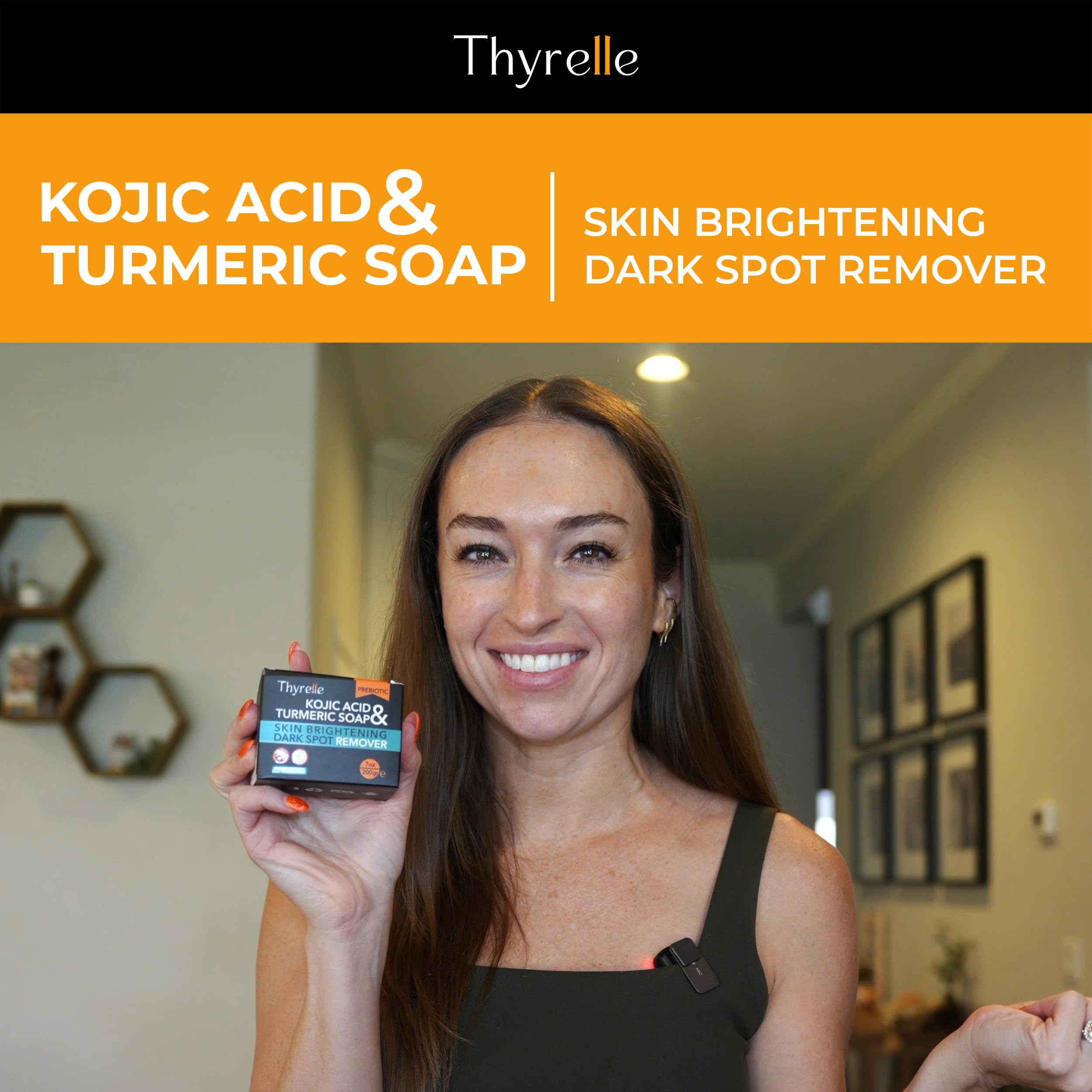 Thyrelle Kojic Acid and Turmeric Soap bar ingredient panel highlights vitamins and prebiotics.