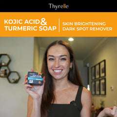 Thyrelle Kojic Acid and Turmeric Soap bar ingredient panel highlights vitamins and prebiotics.