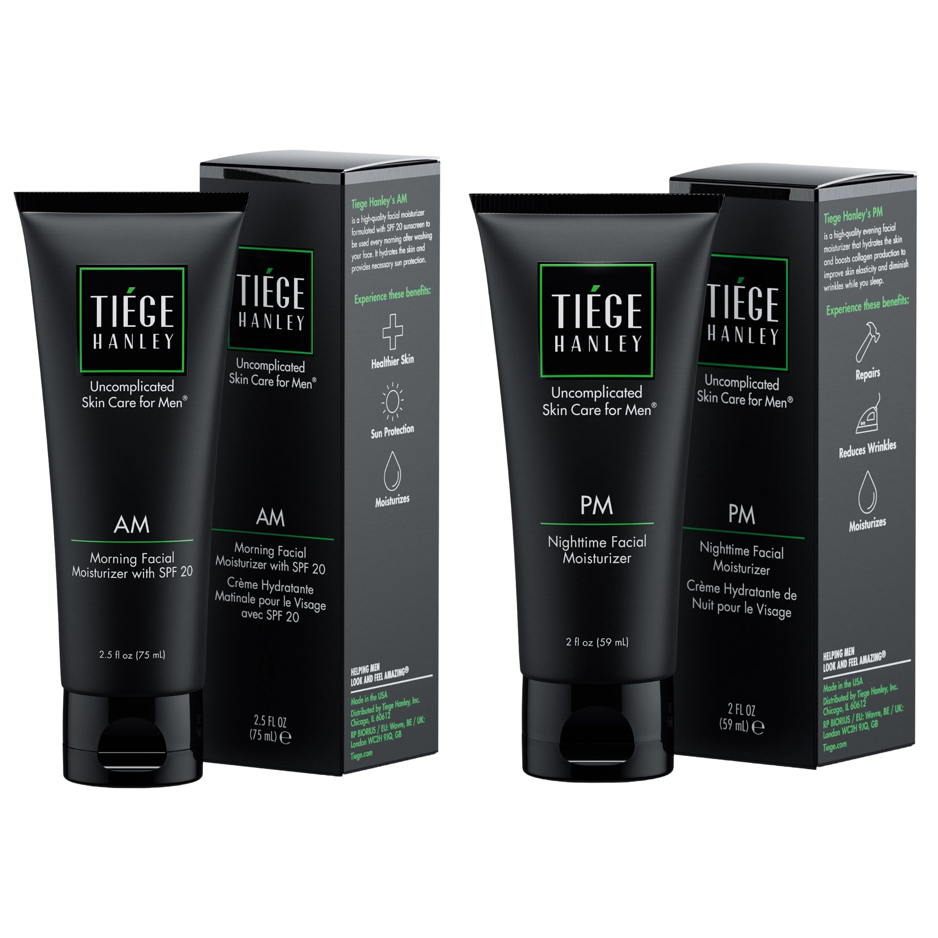 Tiege Hanley AM moisturizer bottle with SPF 20 for daily sun protection.