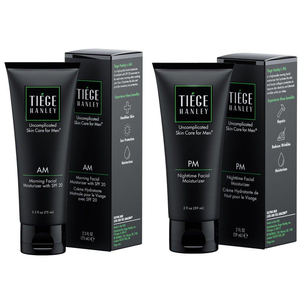 Tiege Hanley AM moisturizer bottle with SPF 20 for daily sun protection.