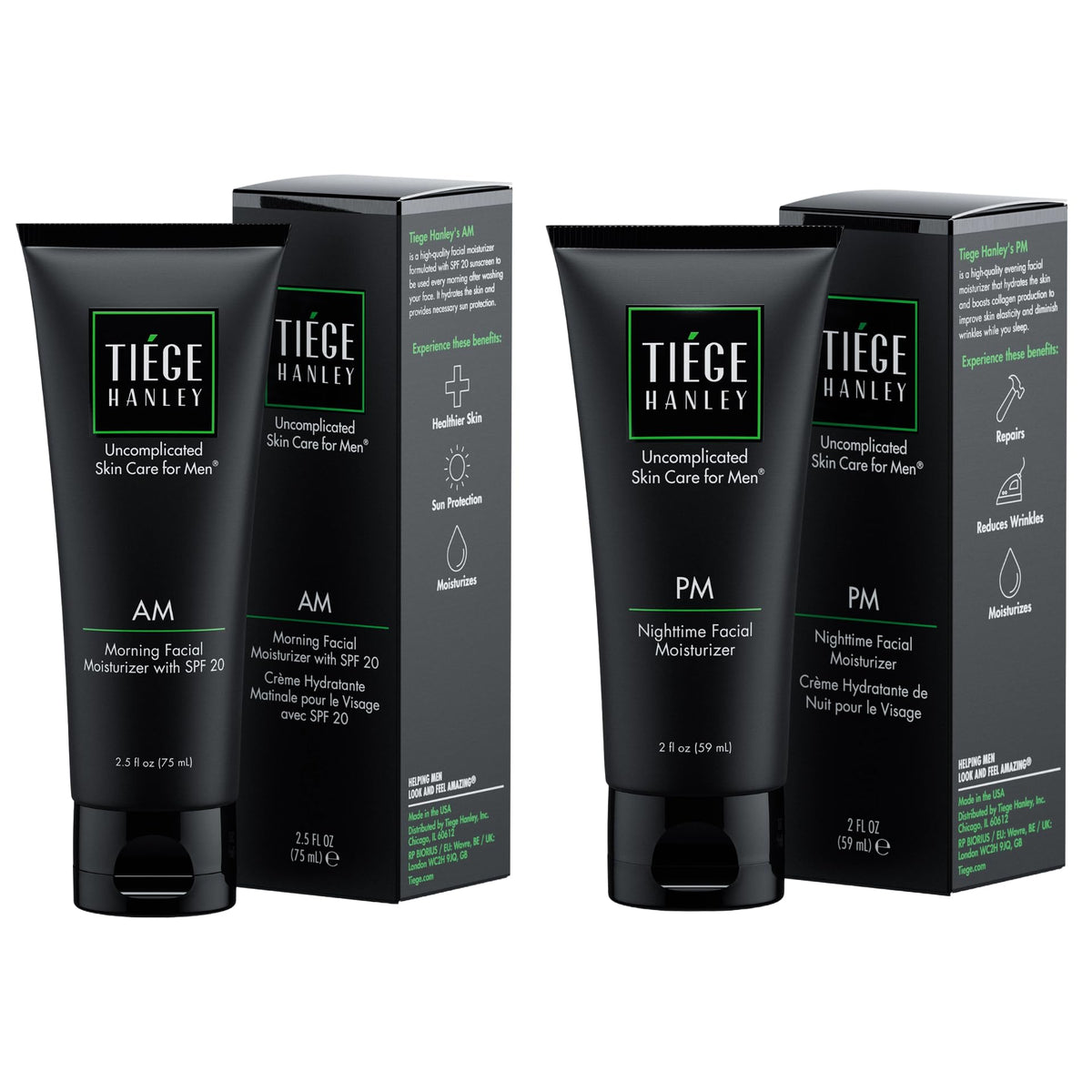 Tiege Hanley AM moisturizer bottle with SPF 20 for daily sun protection.