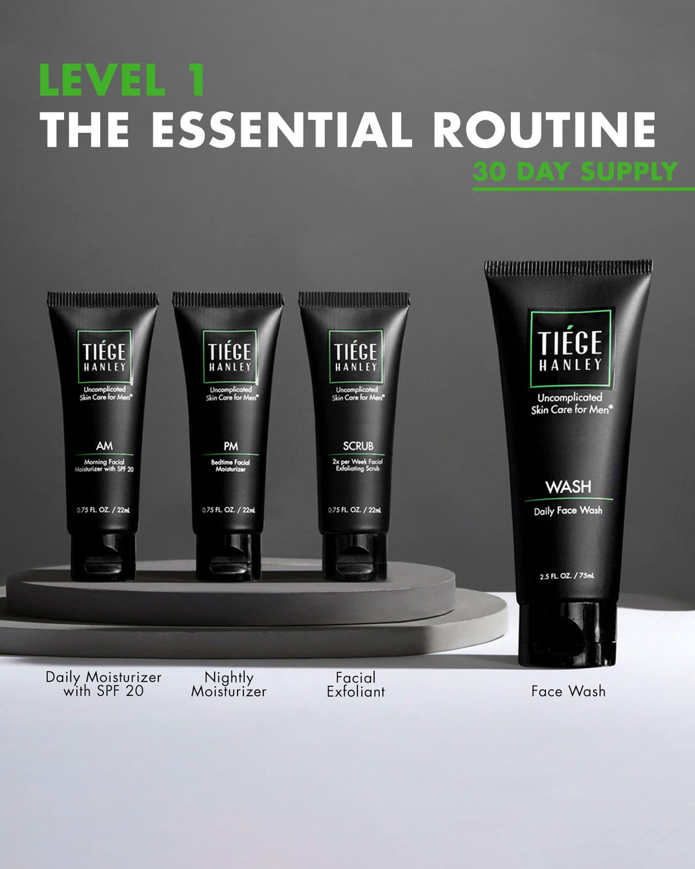 Tiege Hanley AM moisturizer with SPF 20 for daytime hydration and sun protection.