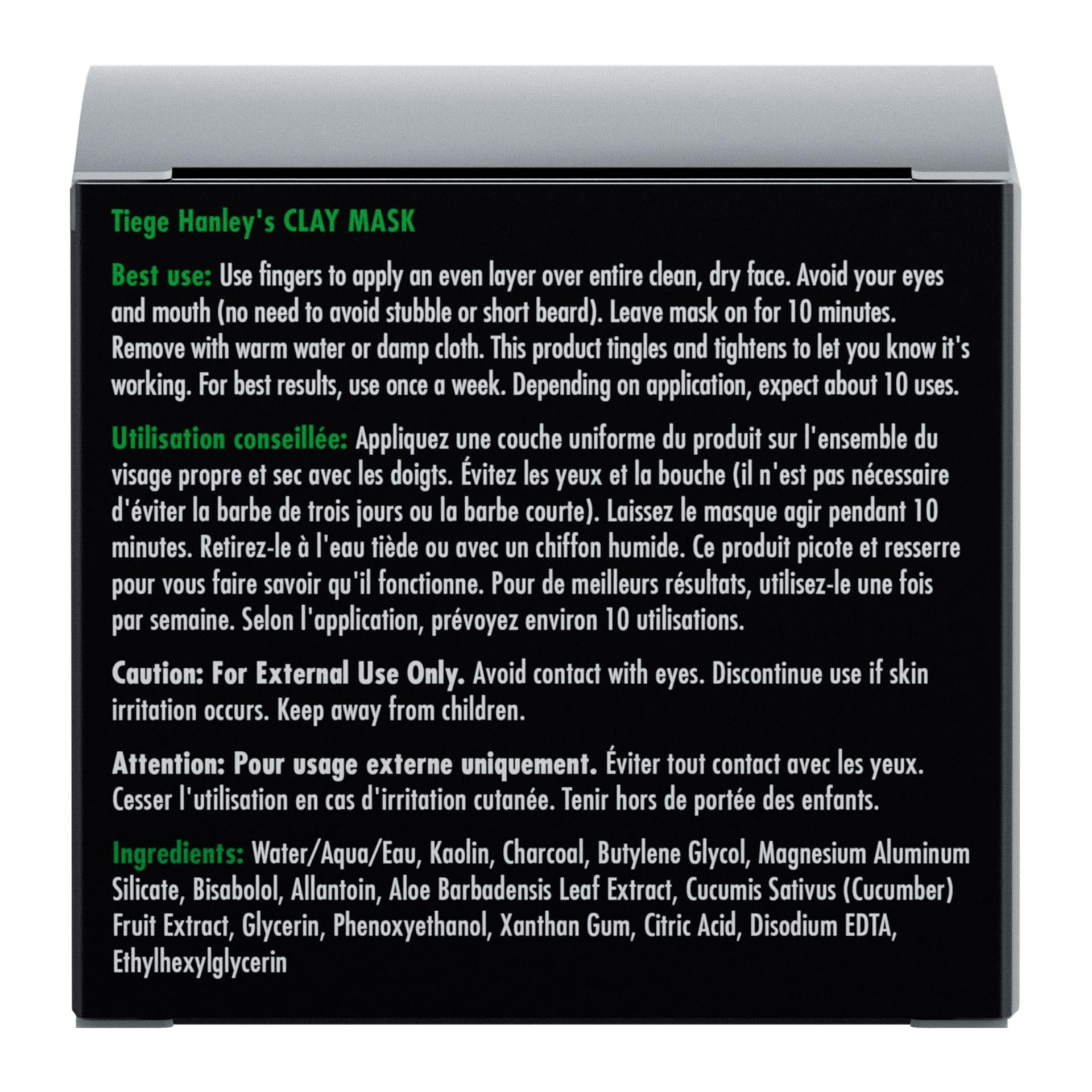 Tiege Hanley Detoxifying Clay Mask swatch shows deep cleansing action with charcoal.
