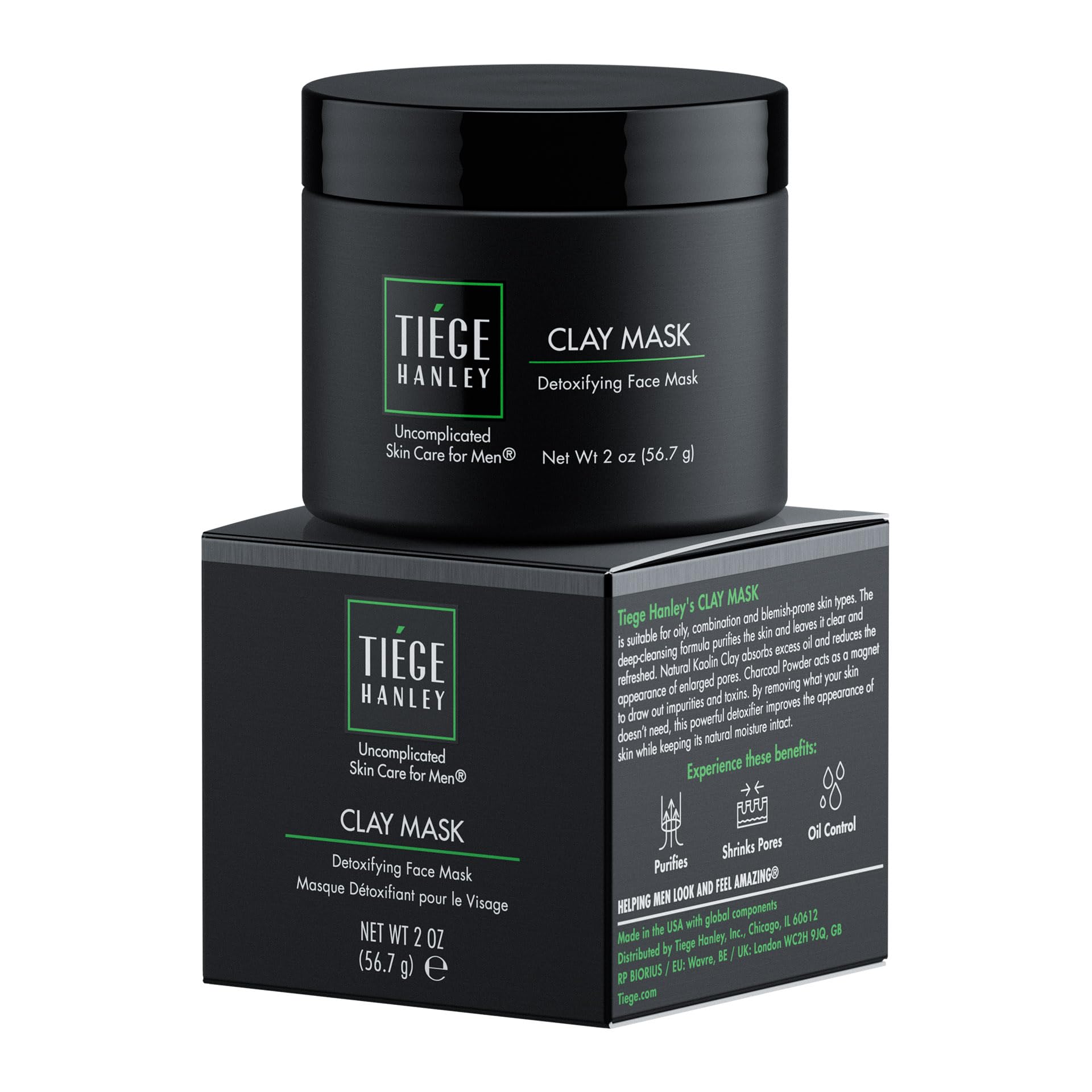 Tiege Hanley Detoxifying Mask bottle close-up highlights oil control and a matte finish.