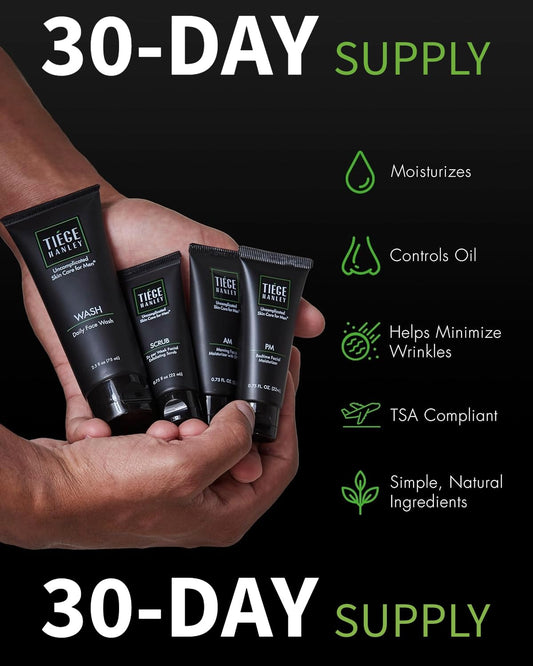 Tiege Hanley exfoliating scrub with fine particles for smoother texture.