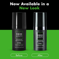 Tiege Hanley EYES product on bathroom shelf signals morning and night use.