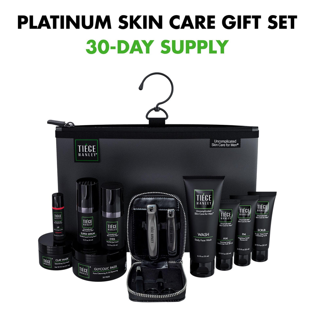Tiege Hanley Platinum Gift Box AM Moisturizer shields skin from UV rays while hydrating for daytime comfort.