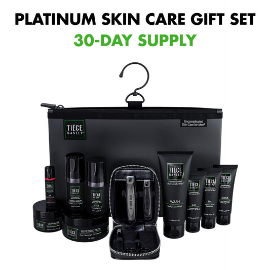 Tiege Hanley Platinum Gift Box AM Moisturizer shields skin from UV rays while hydrating for daytime comfort.